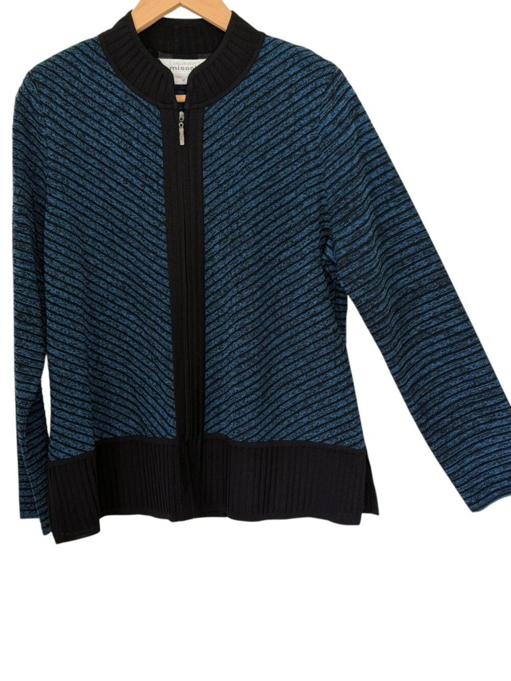 VTG Misook Ribbed Accent Chrevon Diagonal Stripe Full-Zip Knit Cardigan Blue M